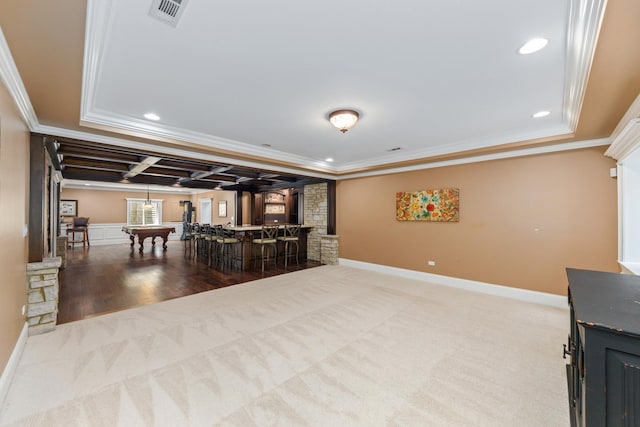 655 Thornwood Dr, Naperville, IL 60540 - interior space featuring ornate columns, carpet floors, crown molding, recessed lighting, and coffered ceiling