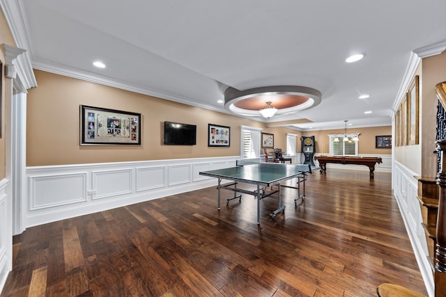 655 Thornwood Dr, Naperville, IL 60540 - game room featuring ornamental molding, billiards table, dark wood-type flooring, a wainscoted wall, and recessed lighting