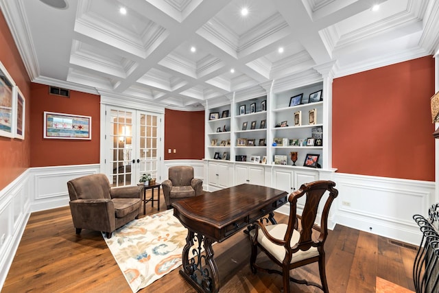 655 Thornwood Dr, Naperville, IL 60540 - home office with french doors, beam ceiling, coffered ceiling, a wainscoted wall, and a decorative wall