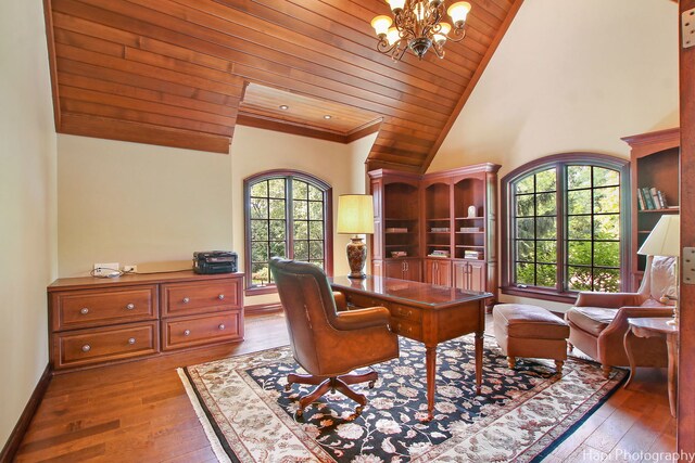 273 Donlea Rd, Barrington Hills, IL 60010 - office area featuring wood ceiling, a chandelier, hardwood / wood-style flooring, ornamental molding, and high vaulted ceiling