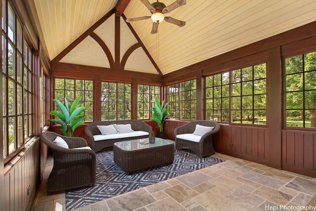 273 Donlea Rd, Barrington Hills, IL 60010 - sunroom / solarium featuring healthy amount of natural light, ceiling fan, stone tile flooring, high vaulted ceiling, and outdoor lounge area