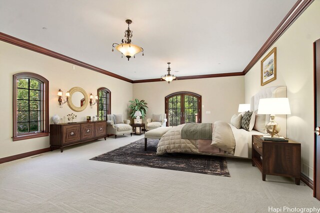 273 Donlea Rd, Barrington Hills, IL 60010 - carpeted bedroom with multiple windows, baseboards, french doors, and ornamental molding