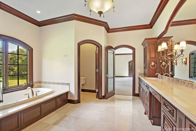 273 Donlea Rd, Barrington Hills, IL 60010 - full bath with a chandelier, toilet, a bath, vanity, and baseboards