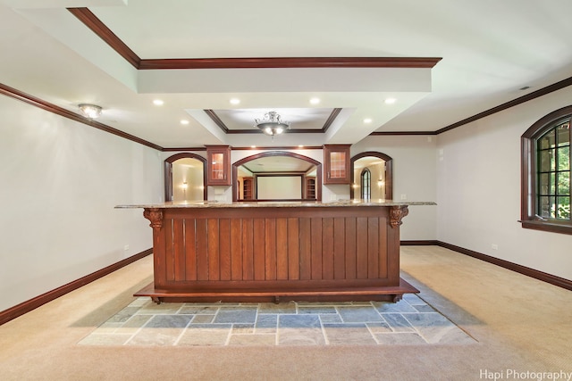 273 Donlea Rd, Barrington Hills, IL 60010 - bar with crown molding, light carpet, baseboards, a tray ceiling, and recessed lighting