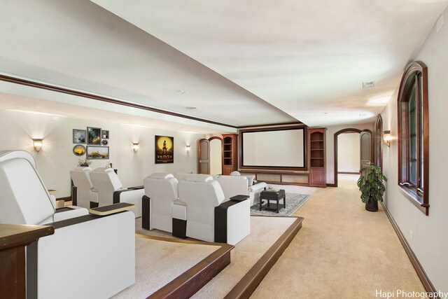 273 Donlea Rd, Barrington Hills, IL 60010 - cinema room featuring arched walkways, light carpet, and baseboards