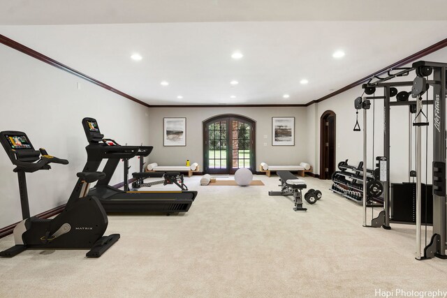 273 Donlea Rd, Barrington Hills, IL 60010 - exercise room featuring arched walkways, crown molding, carpet flooring, recessed lighting, and baseboards