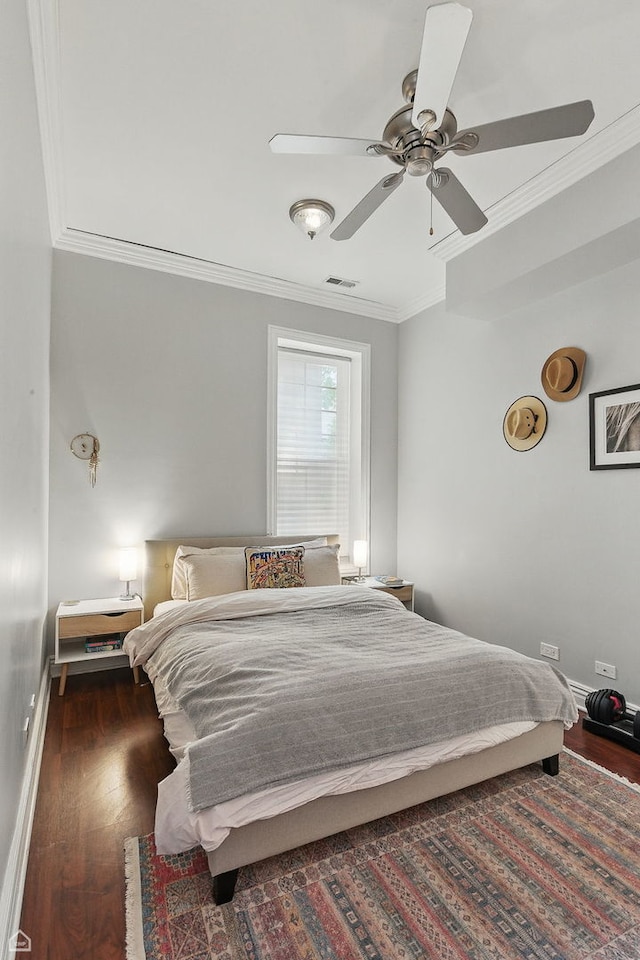 2212 N Campbell Ave Unit 1D, Chicago, IL 60647 - bedroom featuring crown molding, wood finished floors, baseboards, and ceiling fan