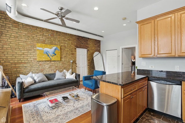 2212 N Campbell Ave Unit 1D, Chicago, IL 60647 - kitchen featuring dishwasher, brick wall, ceiling fan, a peninsula, and recessed lighting