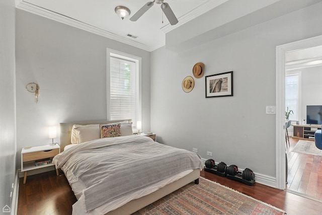 2212 N Campbell Ave Unit 1D, Chicago, IL 60647 - bedroom featuring ornamental molding, wood finished floors, baseboards, and ceiling fan