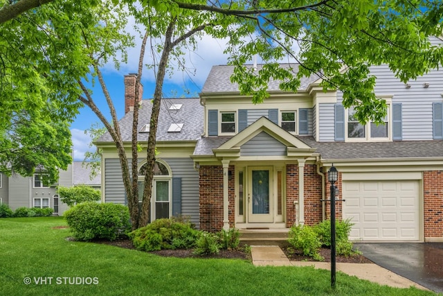 1949 N Charter Point Dr Unit 0, Arlington Heights, IL 60004 - view of front of house with a garage, a front yard, a chimney, asphalt driveway, and roof with shingles