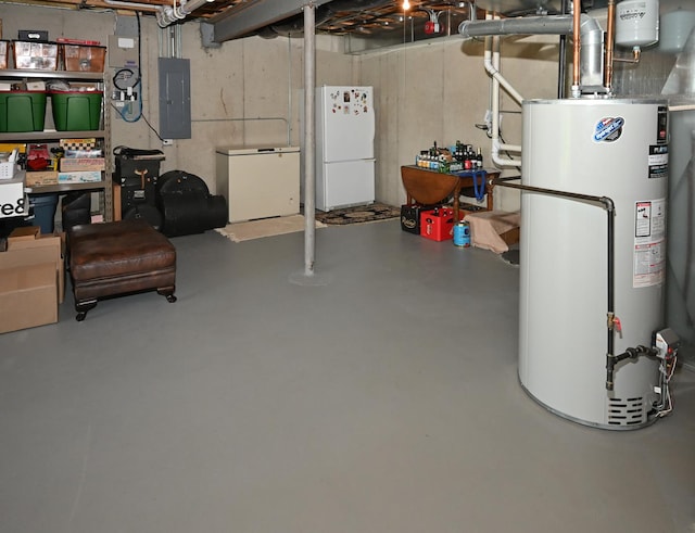 2621 Connolly Ln, West Dundee, IL 60118 - unfinished basement with freestanding refrigerator, gas water heater, electric panel, and white refrigerator