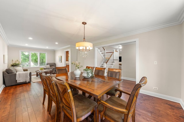 389 Pearson Cir, Naperville, IL 60563 - dining area with stairway, dark wood-style floors, ornamental molding, a chandelier, and recessed lighting