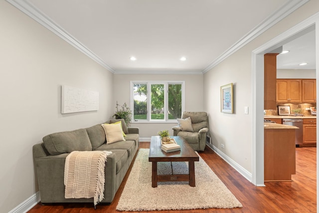 389 Pearson Cir, Naperville, IL 60563 - living room with dark wood-type flooring, ornamental molding, and recessed lighting