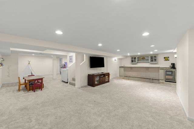 389 Pearson Cir, Naperville, IL 60563 - living area with beverage cooler, bar with sink, light carpet, and recessed lighting