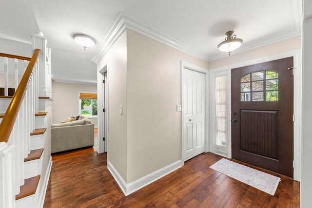 389 Pearson Cir, Naperville, IL 60563 - foyer entrance featuring dark wood-style floors, ornamental molding, and stairway