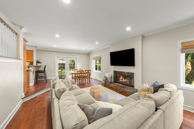 389 Pearson Cir, Naperville, IL 60563 - living room with crown molding, healthy amount of natural light, recessed lighting, dark wood-style flooring, and a large fireplace