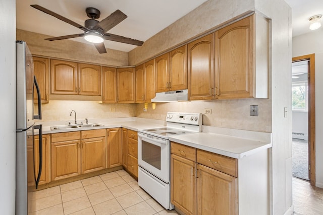 241 Northway Park Rd Unit 10, Machesney Park, IL 61115 - kitchen featuring a sink, white electric stove, freestanding refrigerator, under cabinet range hood, and a ceiling fan