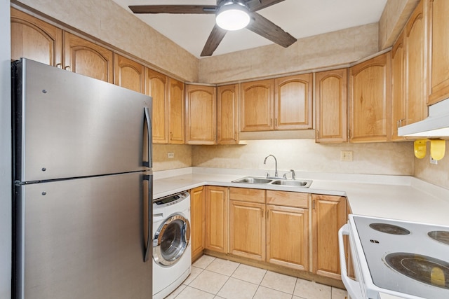 241 Northway Park Rd Unit 10, Machesney Park, IL 61115 - kitchen featuring freestanding refrigerator, washer / dryer, a sink, ceiling fan, and light tile patterned floors