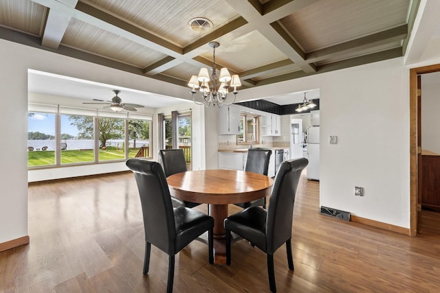 35632 N Sheridan Dr, Fox Lake, IL 60020 - dining area with a chandelier, beam ceiling, wood finished floors, coffered ceiling, and a ceiling fan