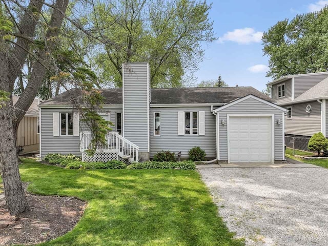 35632 N Sheridan Dr, Fox Lake, IL 60020 - ranch-style home with a chimney, gravel driveway, and a front lawn