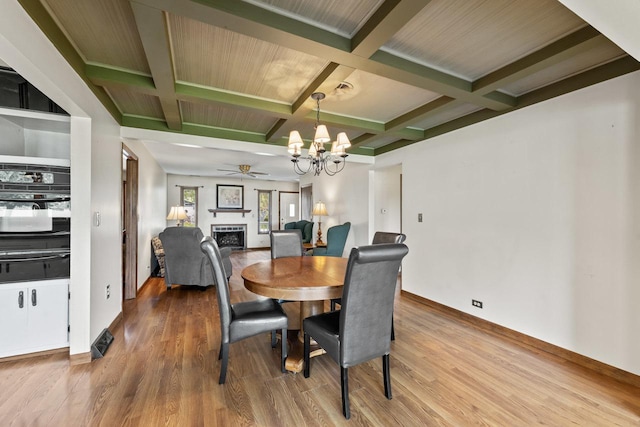 35632 N Sheridan Dr, Fox Lake, IL 60020 - dining room featuring a chandelier, a fireplace, wood finished floors, beamed ceiling, and coffered ceiling