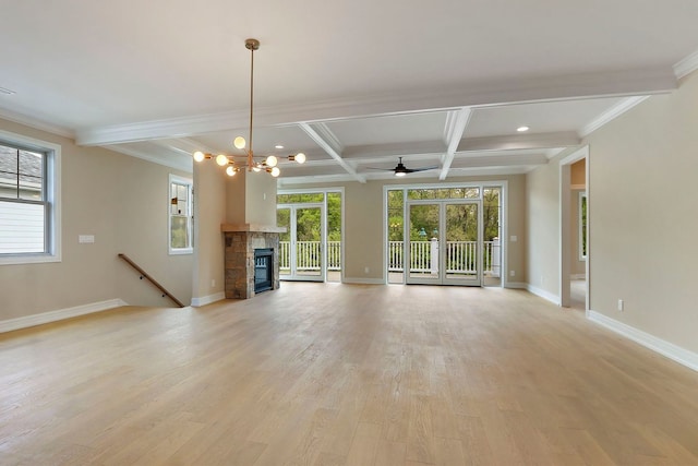 571 Mill St Unit 2, Fontana, WI 53125 - unfurnished living room with beamed ceiling, baseboards, ceiling fan, coffered ceiling, and light wood-style floors