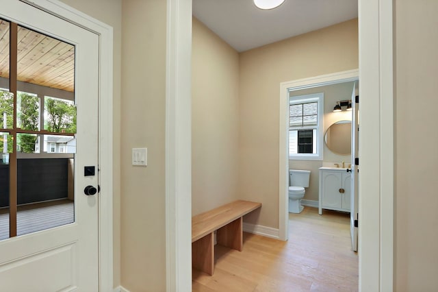 571 Mill St Unit 2, Fontana, WI 53125 - mudroom with light wood finished floors, a sink, and baseboards