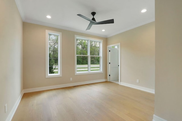 571 Mill St Unit 2, Fontana, WI 53125 - unfurnished room featuring ornamental molding, light wood-style flooring, a ceiling fan, and recessed lighting