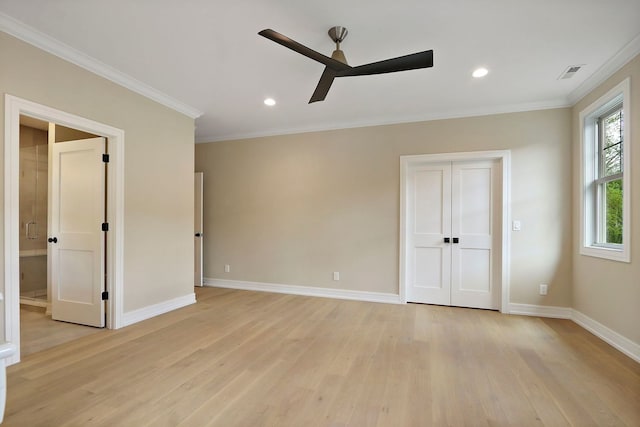571 Mill St Unit 2, Fontana, WI 53125 - unfurnished bedroom with light wood-style floors, baseboards, crown molding, recessed lighting, and a ceiling fan