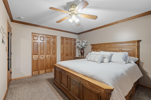 13641 W Ironwood Cir, Homer Glen, IL 60491 - bedroom with multiple closets, light colored carpet, baseboards, crown molding, and a ceiling fan