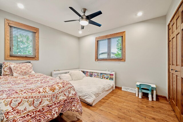 13641 W Ironwood Cir, Homer Glen, IL 60491 - bedroom with a closet, multiple windows, light wood-style flooring, baseboards, and recessed lighting