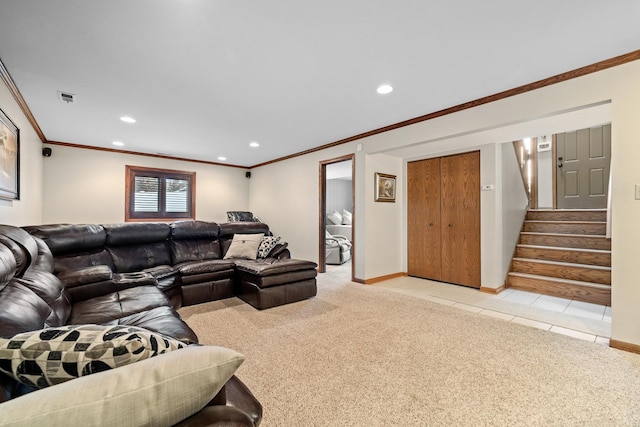 13641 W Ironwood Cir, Homer Glen, IL 60491 - living room featuring light colored carpet, ornamental molding, stairway, recessed lighting, and light tile patterned floors