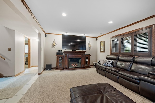 13641 W Ironwood Cir, Homer Glen, IL 60491 - living area with light tile patterned floors, crown molding, recessed lighting, a glass covered fireplace, and baseboards