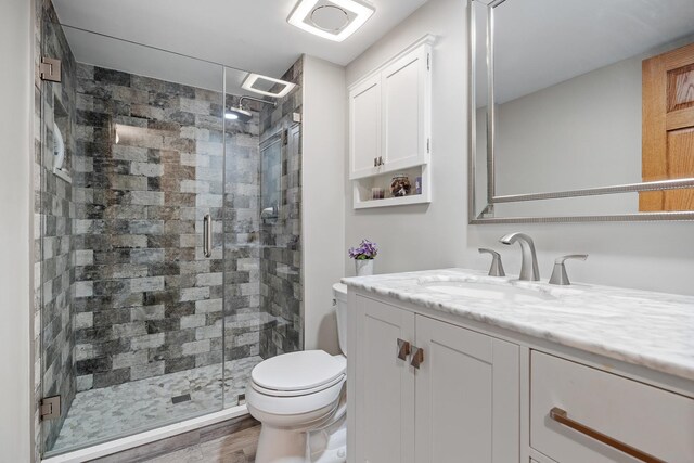 13641 W Ironwood Cir, Homer Glen, IL 60491 - bathroom with vanity, a shower stall, toilet, and wood finished floors