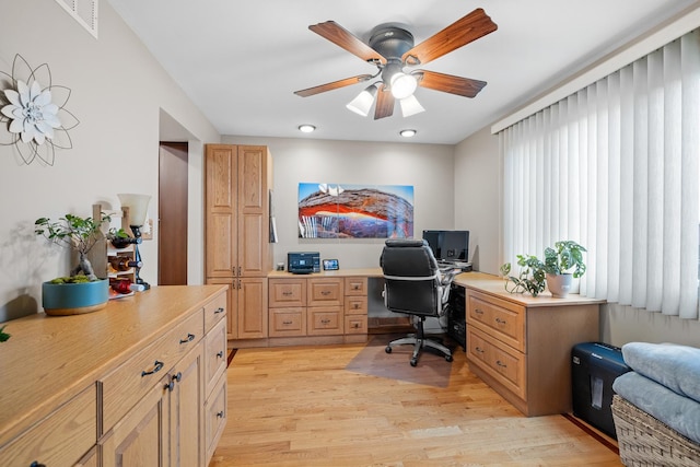 13641 W Ironwood Cir, Homer Glen, IL 60491 - office featuring light wood-style flooring, ceiling fan, and recessed lighting