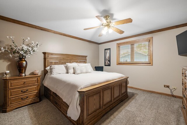 13641 W Ironwood Cir, Homer Glen, IL 60491 - bedroom featuring light carpet, baseboards, crown molding, and a ceiling fan