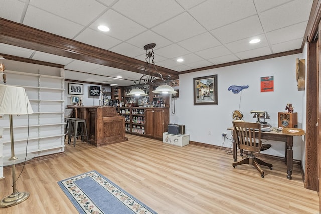 3560 Jeremy Ranch Ct, Naperville, IL 60564 - office space with a bar, crown molding, wood finished floors, and recessed lighting
