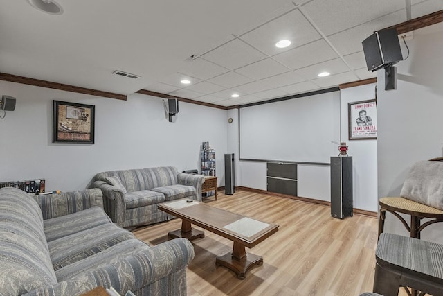 3560 Jeremy Ranch Ct, Naperville, IL 60564 - cinema room featuring light wood-style floors, ornamental molding, recessed lighting, and a drop ceiling
