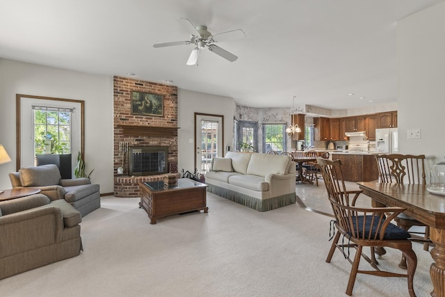 3560 Jeremy Ranch Ct, Naperville, IL 60564 - living area featuring a ceiling fan, light colored carpet, and a brick fireplace