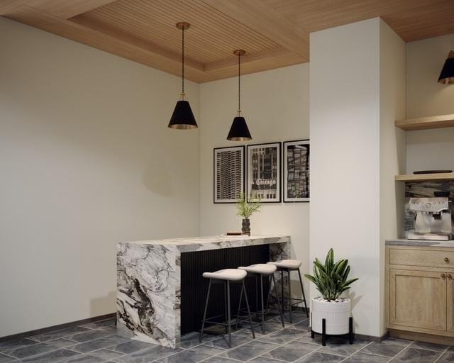 9396 Landings Ln Unit 305, Des Plaines, IL 60016 - indoor dry bar with wood ceiling and hanging light fixtures