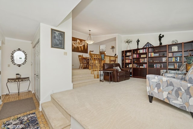 1505 Lita Ave, Deerfield, IL 60015 - living area with carpet flooring, stairs, and crown molding