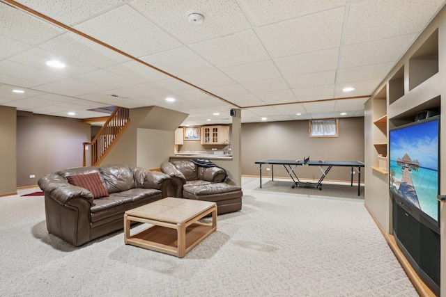 11624 Kluth Ct, Mokena, IL 60448 - living room featuring carpet flooring, stairs, recessed lighting, and a paneled ceiling
