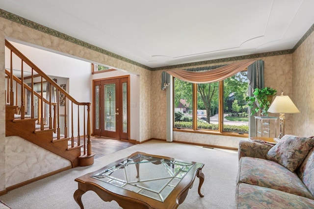 11624 Kluth Ct, Mokena, IL 60448 - carpeted living room featuring stairs and wallpapered walls