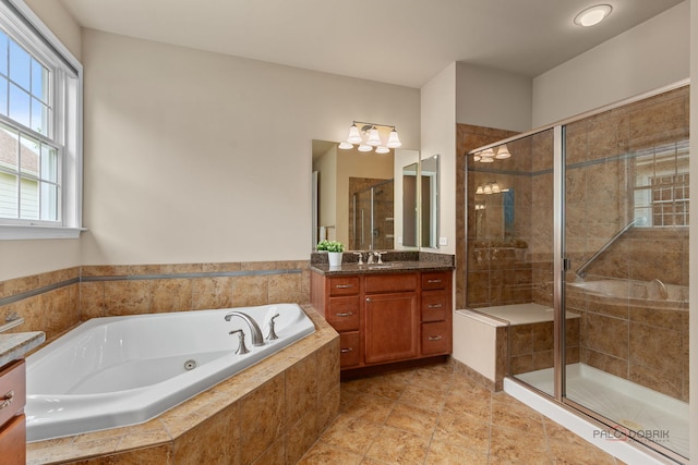 3 Joshua Ct, South Barrington, IL 60010 - full bath with vanity, a stall shower, a jetted tub, and a chandelier