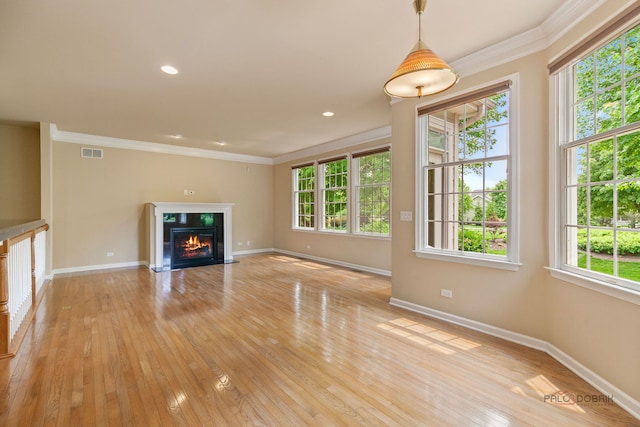3 Joshua Ct, South Barrington, IL 60010 - unfurnished living room with baseboards, light wood-style flooring, crown molding, a fireplace with flush hearth, and recessed lighting