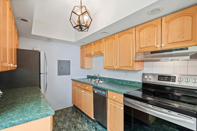 1050 W Columbia Ave Unit 3H, Chicago, IL 60626 - kitchen featuring appliances with stainless steel finishes, under cabinet range hood, electric panel, a sink, and decorative backsplash