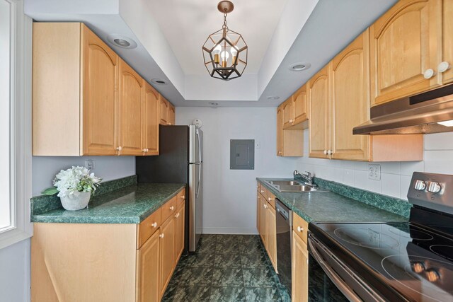 1050 W Columbia Ave Unit 3H, Chicago, IL 60626 - kitchen with electric range oven, a sink, under cabinet range hood, electric panel, and freestanding refrigerator