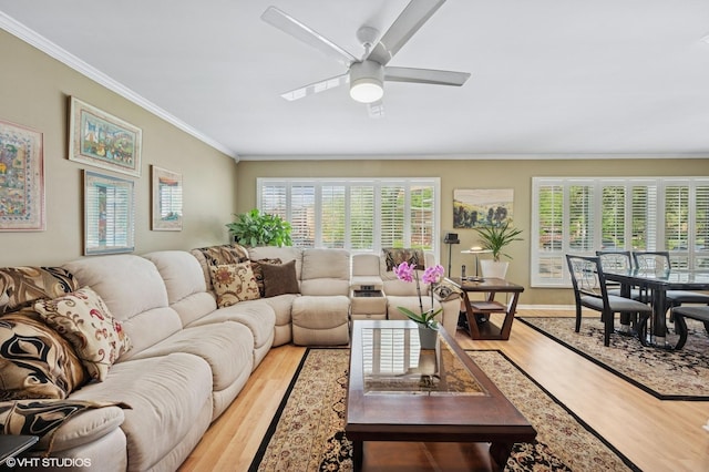 9519 Kolmar Ave, Skokie, IL 60076 - living area with ornamental molding, light wood finished floors, a ceiling fan, and baseboards