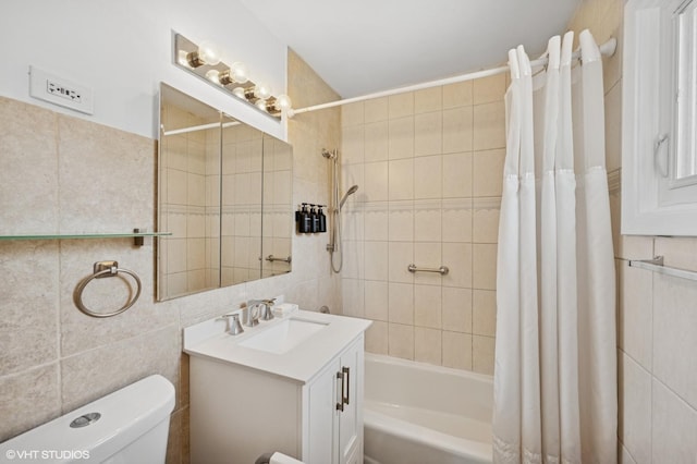 9519 Kolmar Ave, Skokie, IL 60076 - bathroom featuring shower / bathtub combination with curtain, tile walls, toilet, and vanity