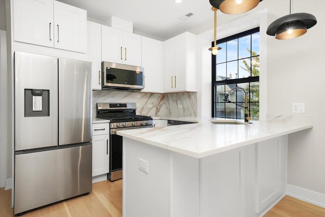 4153 N Hermitage Ave, Chicago, IL 60613 - kitchen with stainless steel appliances, a sink, light wood-style flooring, tasteful backsplash, and light stone counters